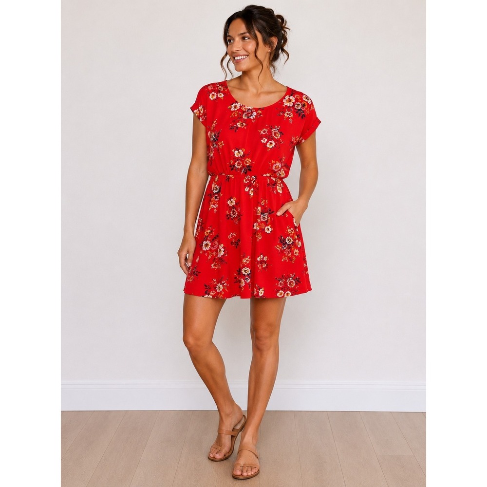 Pink Republic Womens Mini Dress L Red Navy Floral Rayon PS9W50220PKL Boho